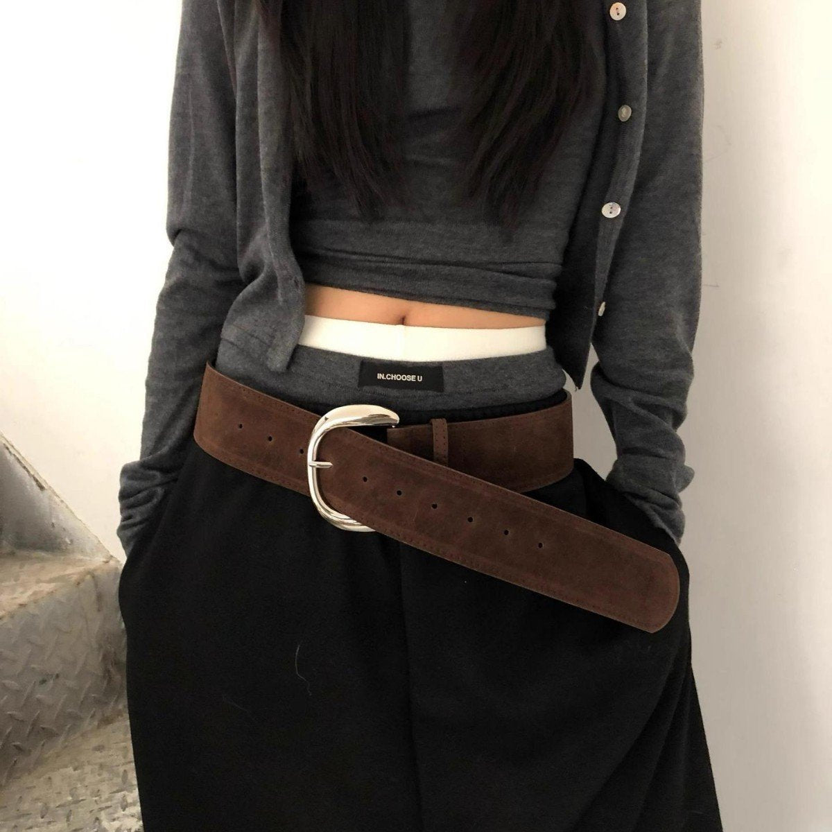 Wide Suede Belt with Silver Buckle