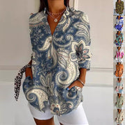 Chic Floral Print Stand Collar Long Sleeve Button Shirt