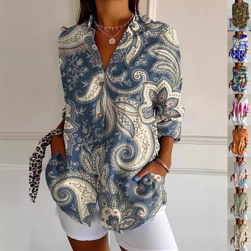 Chic Floral Print Stand Collar Long Sleeve Button Shirt