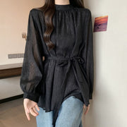 Chic Lace-Up Waisted Long-Sleeve Blouse for Women