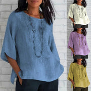 Women's Loose Floral Linen-Cotton Three-Quarter Sleeve Tee
