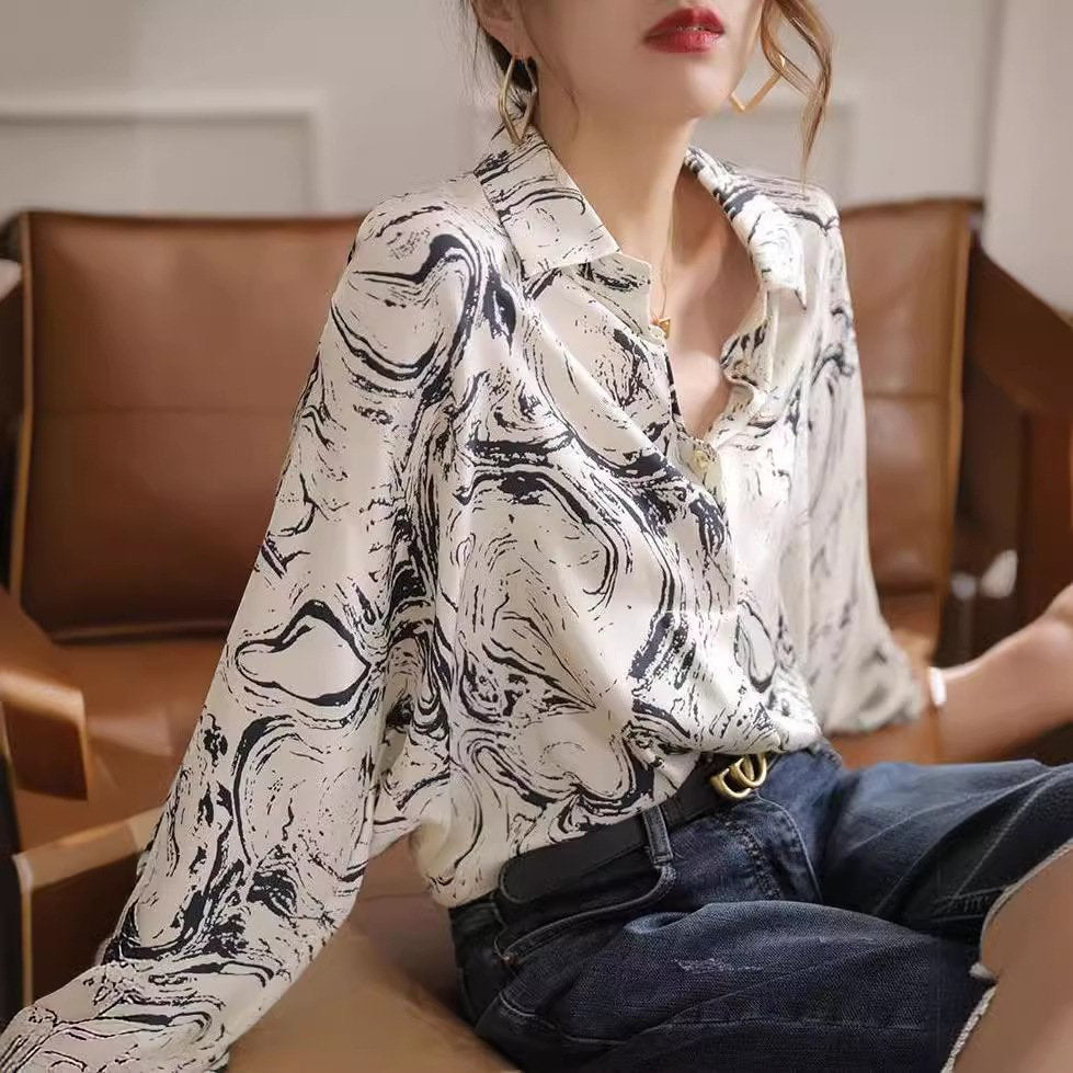 Artistic Ink Print Western Long Sleeve Blouse
