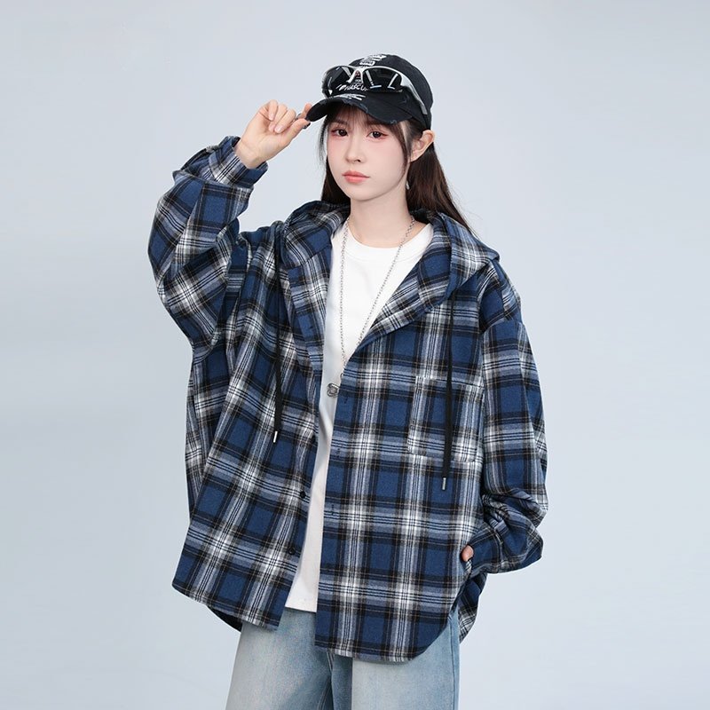 Retro Plaid Hooded Shirt Jacket for Men & Women