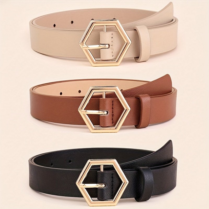 Gold Buckle PU Belt for Women - Hexagonal Style