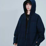 Unisex Blue Plaid Hooded Long-Sleeve Shirt