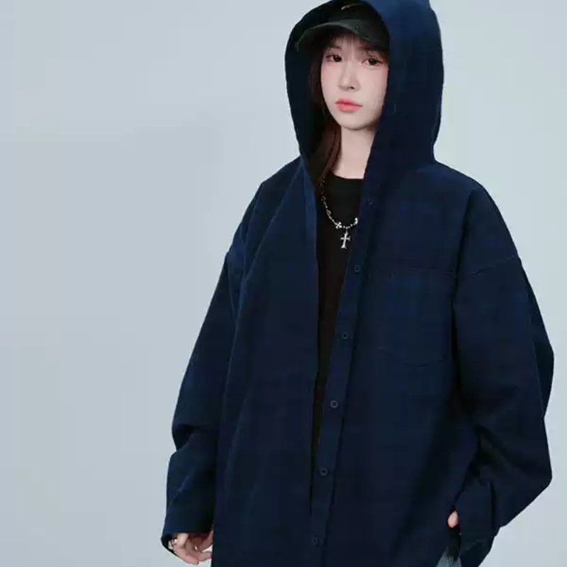 Unisex Blue Plaid Hooded Long-Sleeve Shirt
