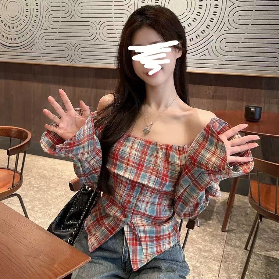 Off-the-Shoulder Ruffled Plaid Shirt with Flared Sleeves
