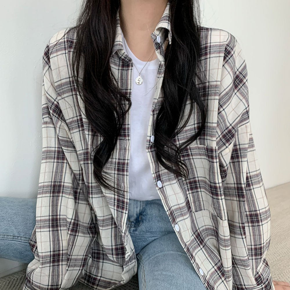 Casual Plaid Lapel Shirt Loose Cotton Commuter Top