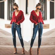 V-Neck Chiffon Long Sleeve Blouse
