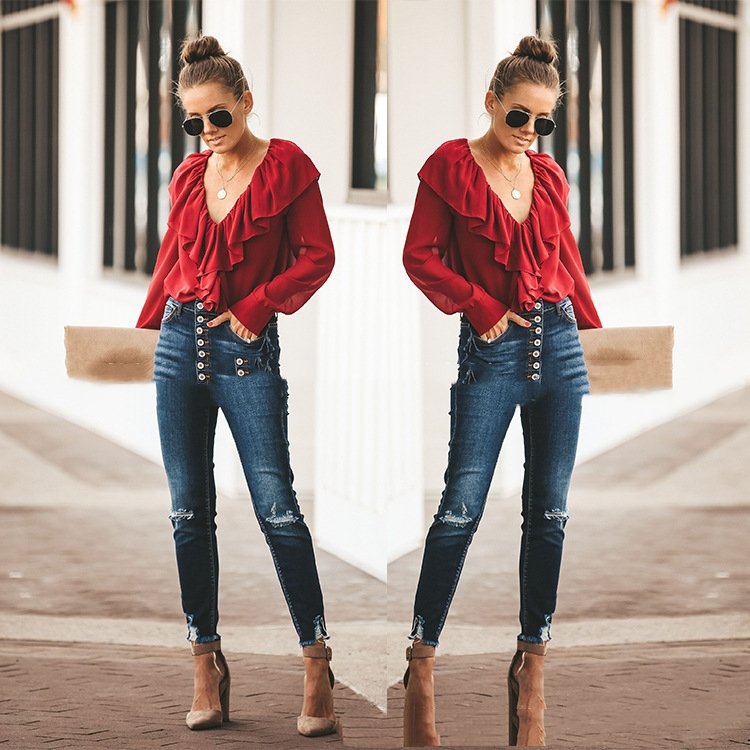 V-Neck Chiffon Long Sleeve Blouse