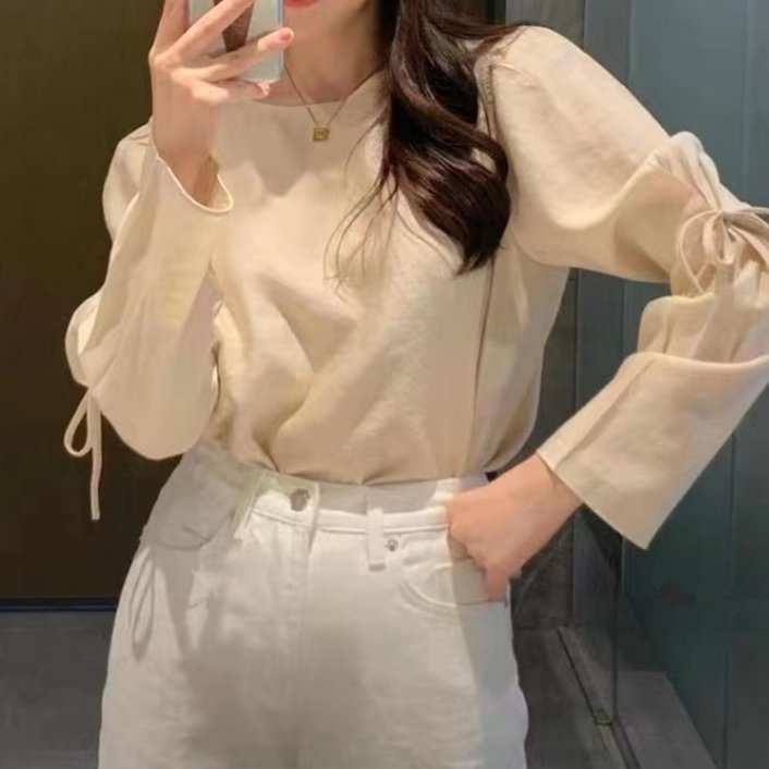Elegant Lace-Up Round Neck Long Sleeve Blouse