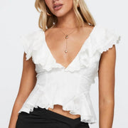 Women's White V-Neck Lace Patchwork Sleeveless Top