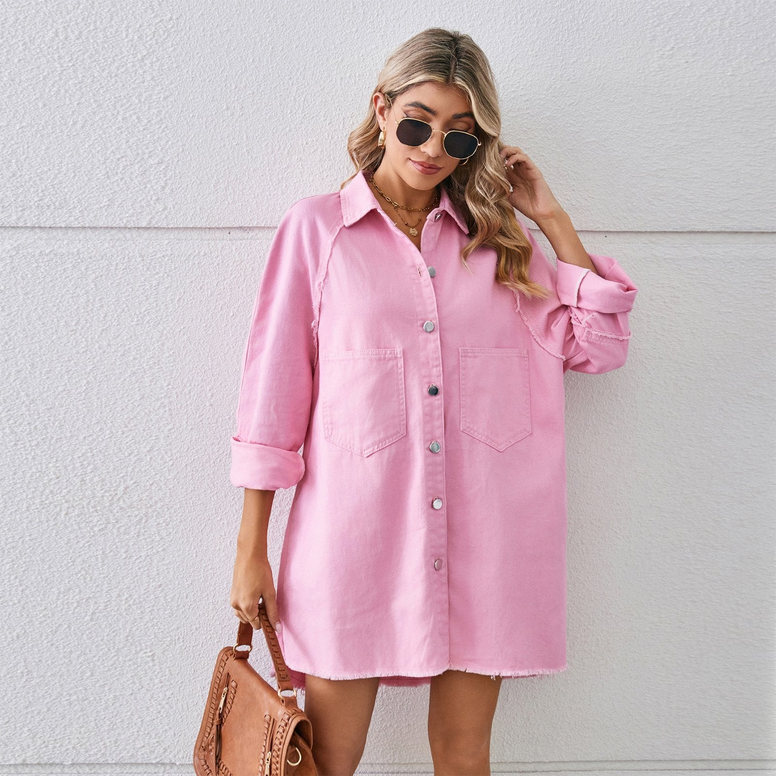 Raw Edge Denim Long-Sleeve Cardigan Dress