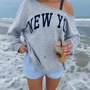 Chic Letter Print Off-Shoulder Long Sleeve Pullover Sweater