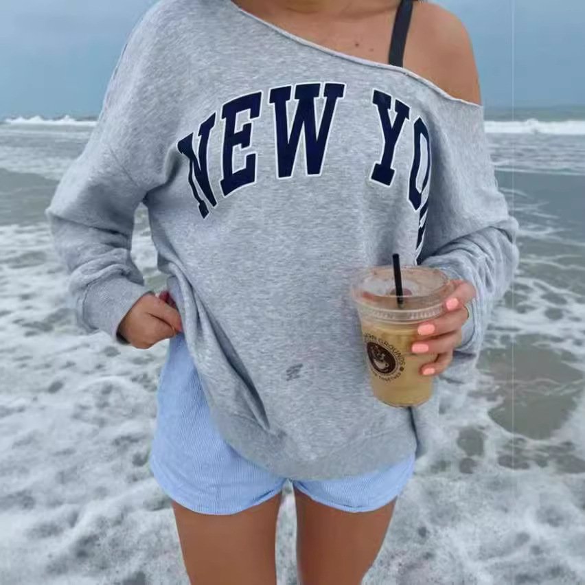 Chic Letter Print Off-Shoulder Long Sleeve Pullover Sweater