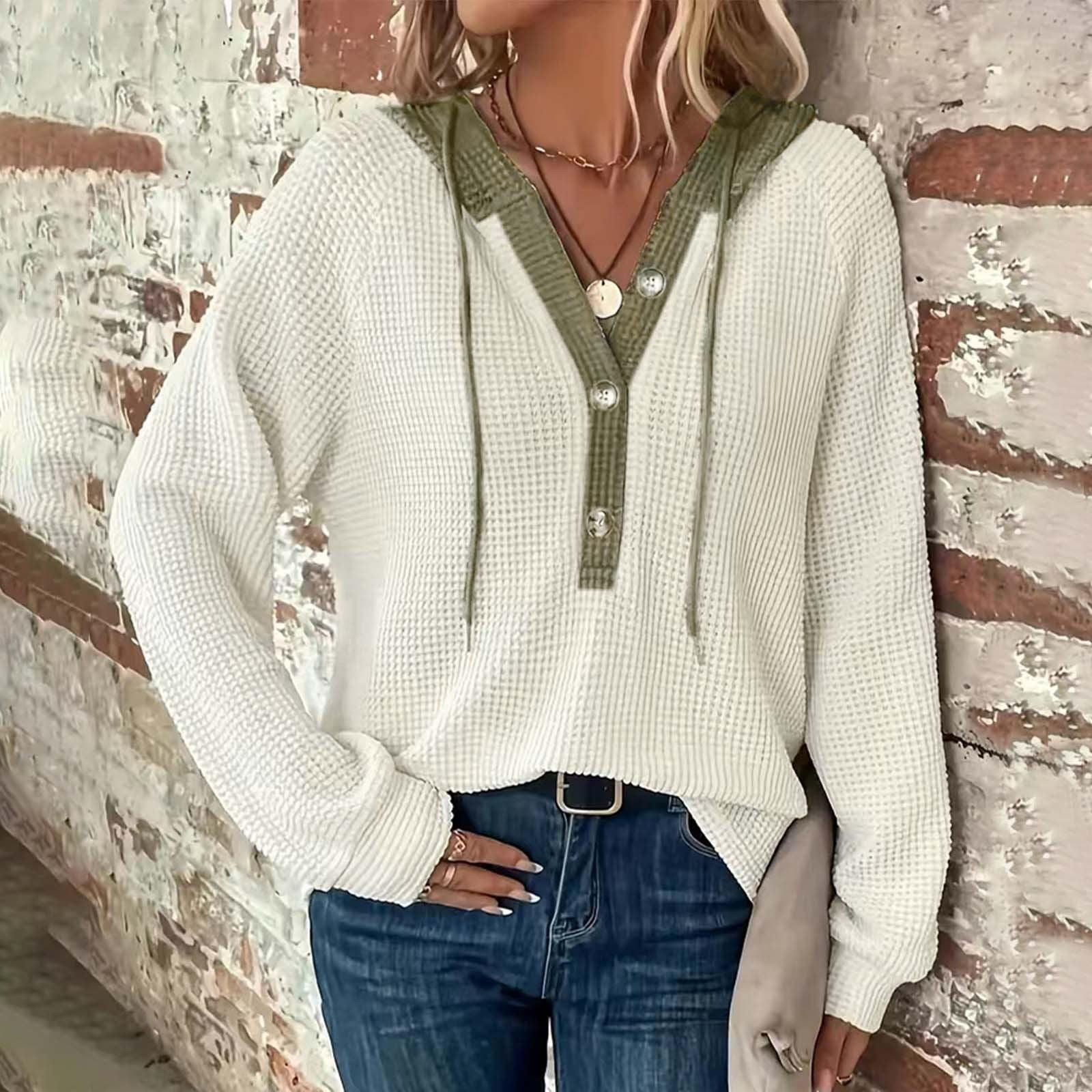 Cozy Waffle Sweater - Long Sleeve Hoodie for Women