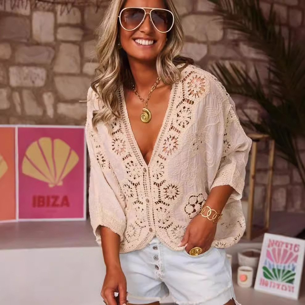 Women's V-Neck Lace Crochet Blouse