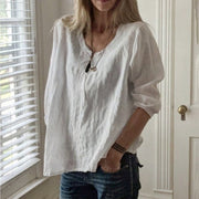 Women's Cotton Linen V-Neck Long Sleeve Loose T-Shirt