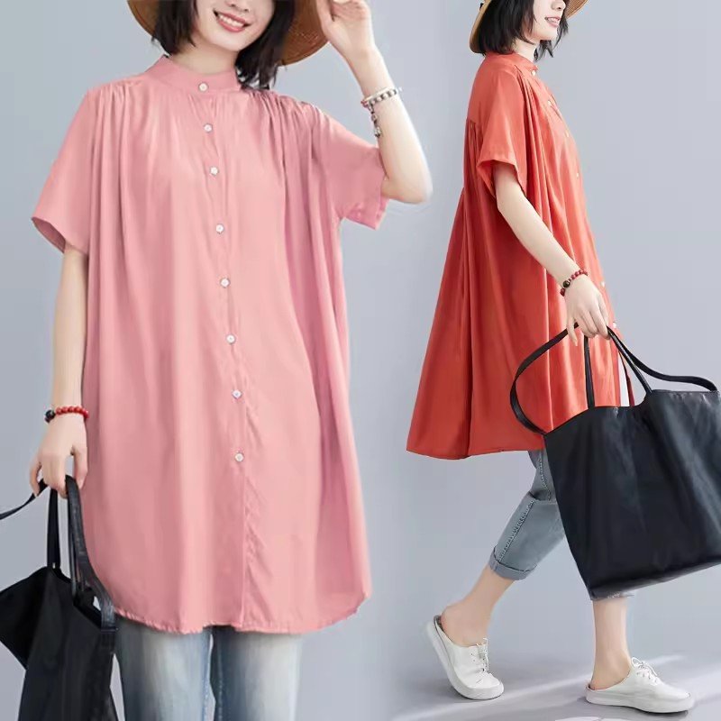 Chic Striped Stand Collar Short Sleeve Blouse