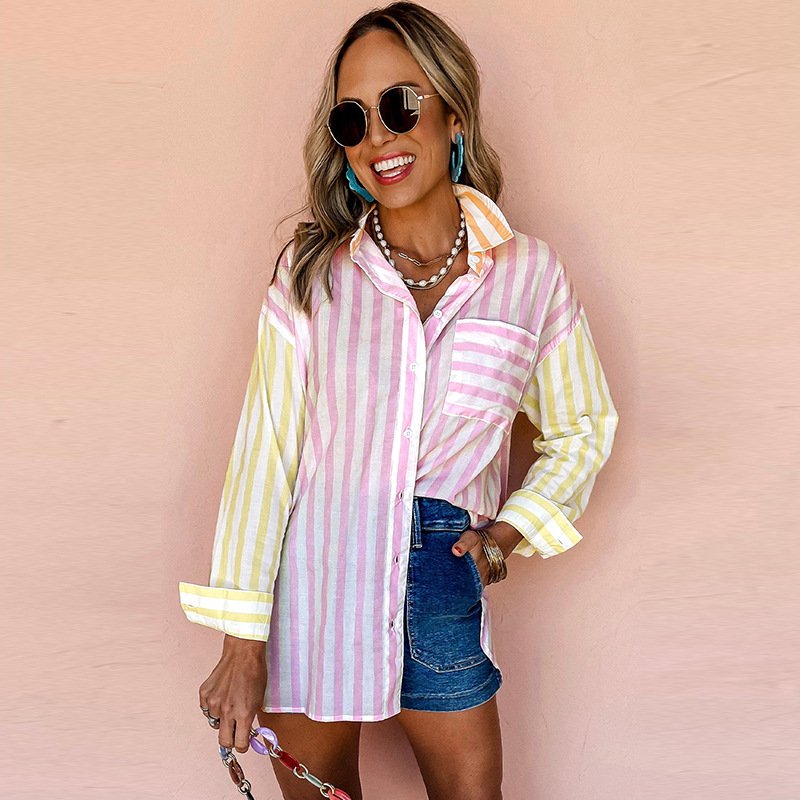 Contrast Color Multi-Buckle Long Sleeve Blouse