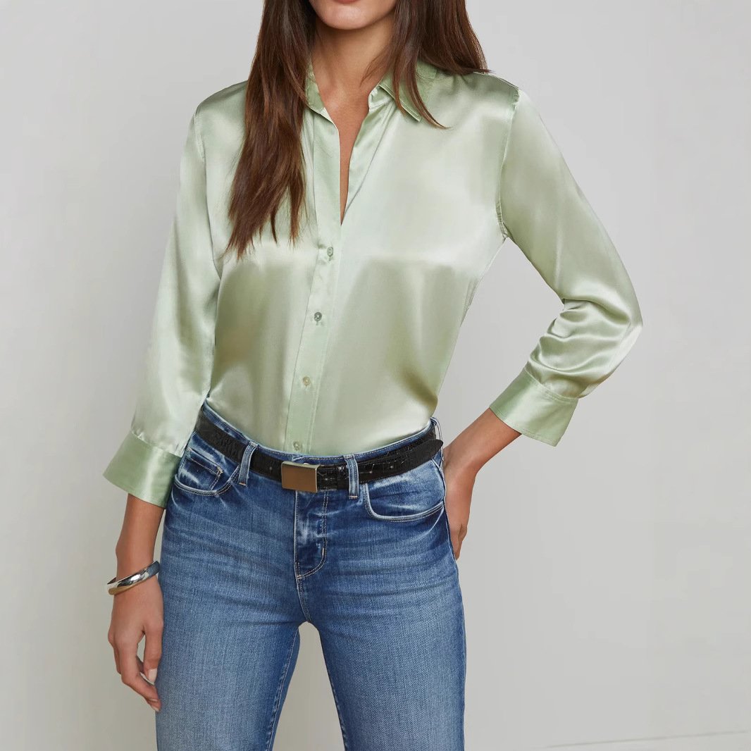 Women's Elegant Satin Lapel Button-Down Blouse