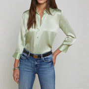 Women's Elegant Satin Lapel Button-Down Blouse