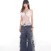 Women's Lace Off-Shoulder Ribbon Vest Top