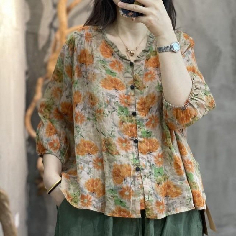 Casual Cotton Linen 3/4 Sleeve Shirt