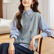 V-Neck Knitted Vest for Women - Spring Floral Design