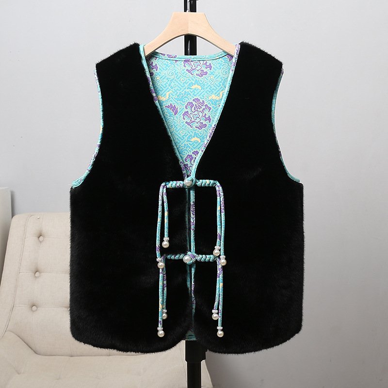 Women's Retro Mink Fur Vest with Buckle Detail