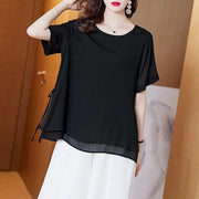 Chic Round Neck Short Sleeve Blouse & Belly-Covering Top
