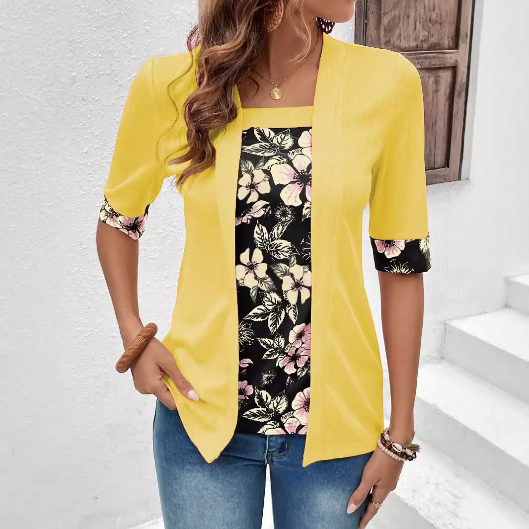 Women's Layered Print Tee Casual Five-Quarter Sleeve Top