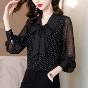 Chic Letter Print Bow Chiffon Blouse for Women