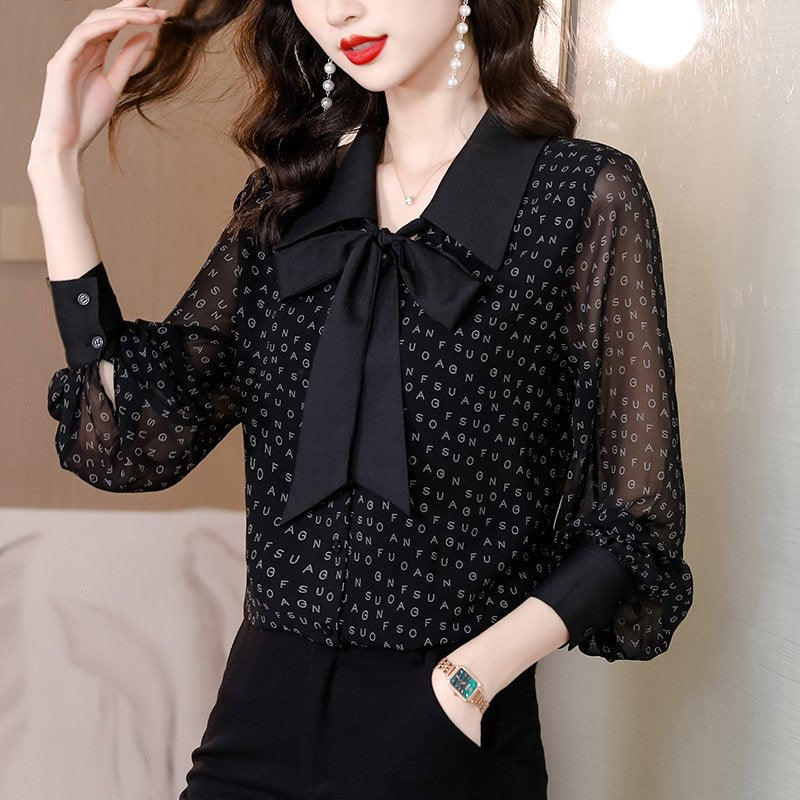 Chic Letter Print Bow Chiffon Blouse for Women