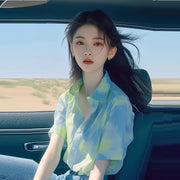 Green Tie-Dye Chiffon Short-Sleeve Summer Shirt
