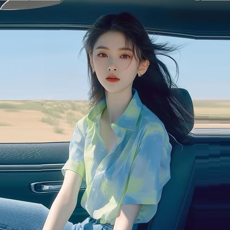 Green Tie-Dye Chiffon Short-Sleeve Summer Shirt