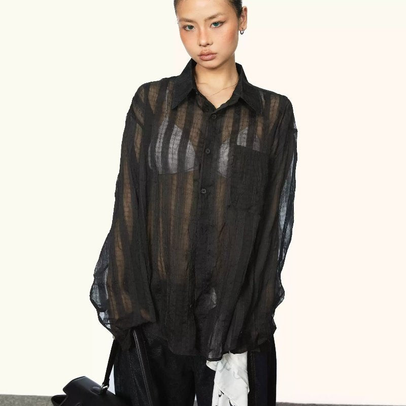 Women's Sheer Plaid Long-Sleeve Button-Down Shirt