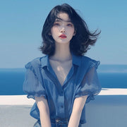 Chic French Blue Puff Sleeve Chiffon Blouse