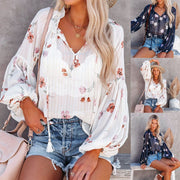 Retro V-Neck Lantern Sleeve Chiffon Printed Top