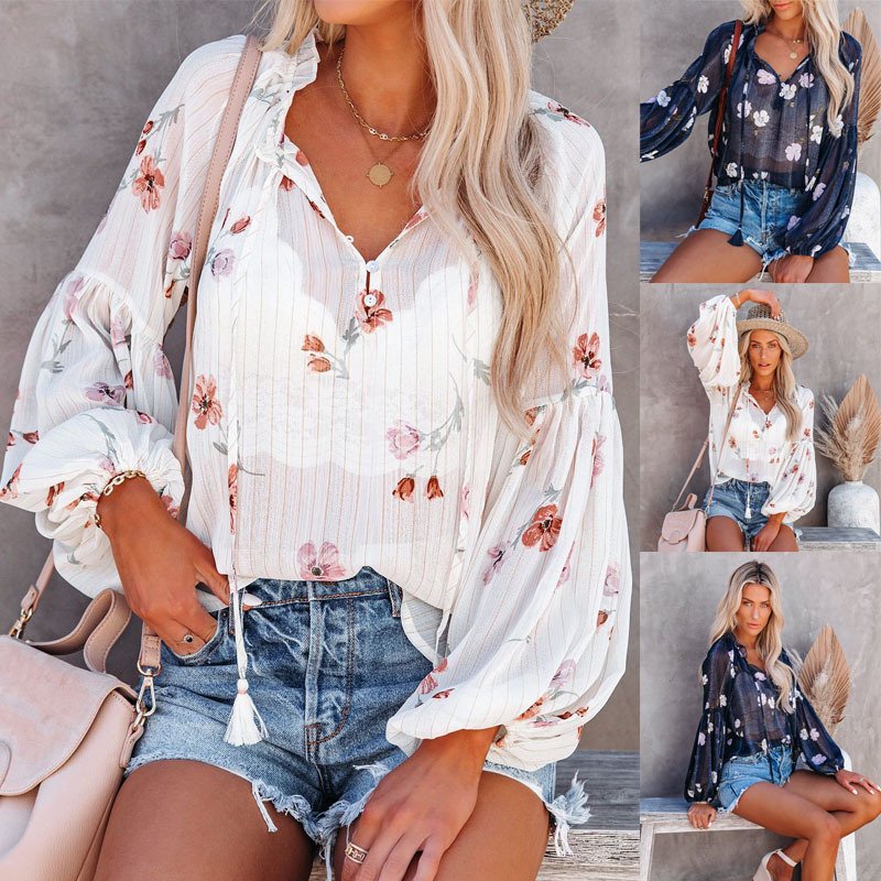 Retro V-Neck Lantern Sleeve Chiffon Printed Top