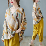 Cotton Linen Batwing Sleeve Striped Blouse