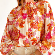 Orange Floral Pearl Button Long Puff Sleeve Blouse