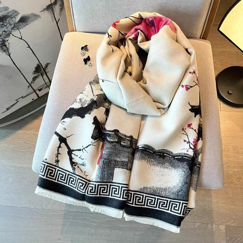 Warm Chinese-Inspired Shawl for Autumn & Winter