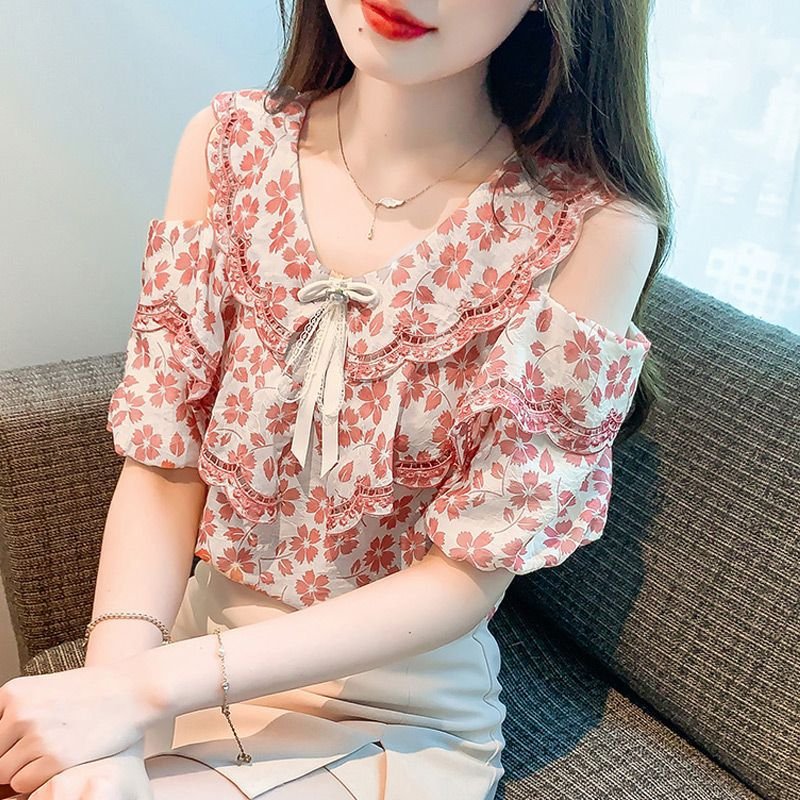 Floral Off-Shoulder Chiffon Blouse Sweet Summer Top