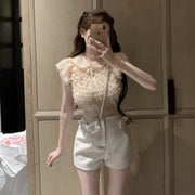 Chic French Bow Lapel Chiffon Short Sleeve Shirt