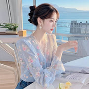 Floral Chiffon Lace-Edge Blouse