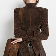 Velvet Half Turtleneck Slit Hem Long Sleeve Top