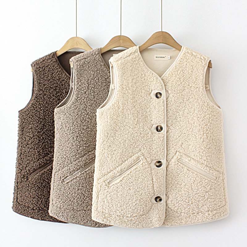 Beige Lambswool Plus Size Vest for Women