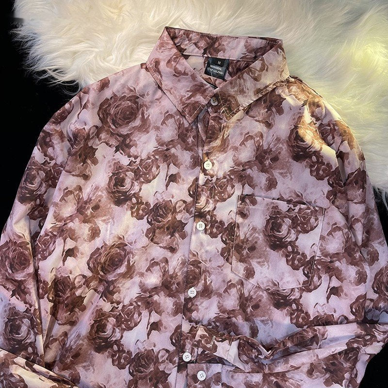 Retro Oversized Print Shirt Japanese Streetwear Long Sleeve