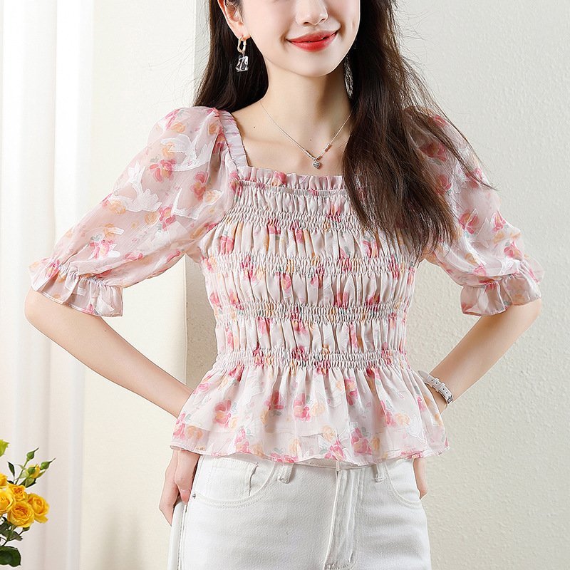 Chic French Square Collar Floral Blouse